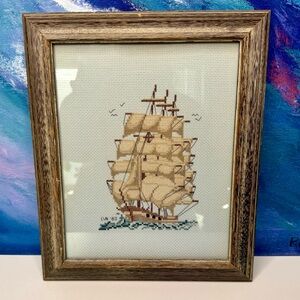 Ship Boat Seascape Framed Cross Stitch Needlepoint 1980 Nautical Coastal Wall
